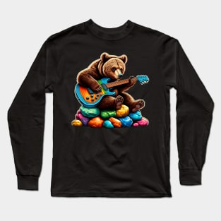 Cute Brown Bear Playing An Electric Guitar Long Sleeve T-Shirt